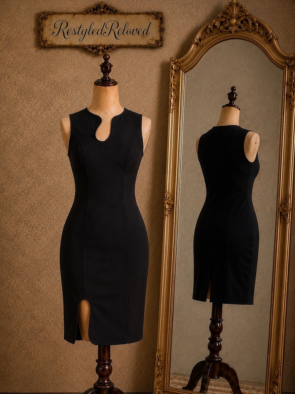 NWT Adelyn Rae Kayla Wave Cut Sheath Black Sleeveless Midi Dress Keyhole Neck